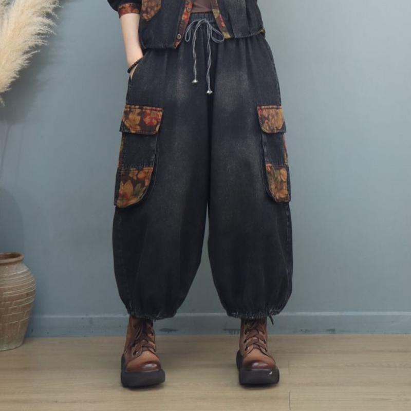 Damen Denim Cargo Hose mit großen Taschen Bedruckte 9/10-Hose Retro Casual Locker Übergröße Gewaschene Weitbein-Hose