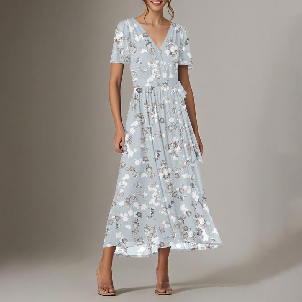 Women's Summer Floral Bohemian Dress Wrap V Neck Short Sleeves Ruffle A-Line Flowy Maxi Dress Summer Dresses For Women