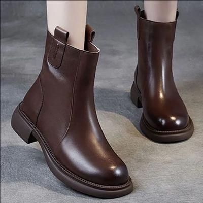 Sapatos de Couro Macio, Botas Curtas, Novas Botas de Couro de Salto Baixo Femininas, Botas Retrô com Zíper Traseiro, Sapatos Femininos
