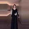 Autumn New Long-sleeved Irregular Butterfly Small Black Dress Long Dress Early Autumn Wear Elastic Waist Pinch Dress