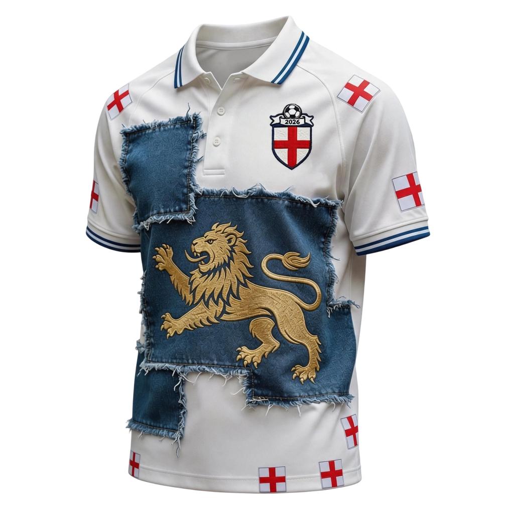 Men's Classic Polo Shirt with England Football Print Short Sleeve Button Collar Casual Fit Football Apparel for Fans