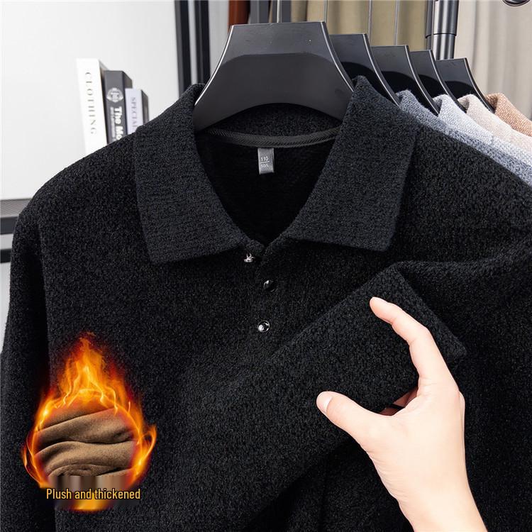 Men's Solid Mink Fleece Polo Sweater - Warm, Thick Lapel Shirt for Autumn/Winter