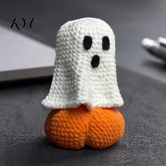 Halloween Shelf Decor Knitted Ghost Pumpkin Ornament, Handmade Cute Crochet Figurine, Fall Home Accents Festive Miniature Handicraft Ornament