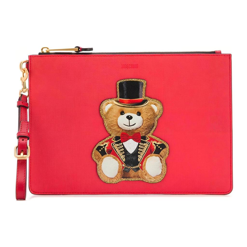 Moschino Logo Embossed Zipper Closure Bear Leather Wallet Clutch Women Wallets Red 7A8429-8210-1115