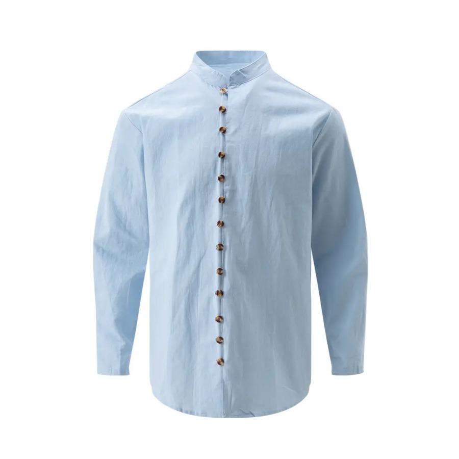 Camicia da uomo in cotone e lino, stile retrò, taglie forti, tinta unita, a maniche lunghe, con bottoni e collo alto, primavera autunno, all'aperto