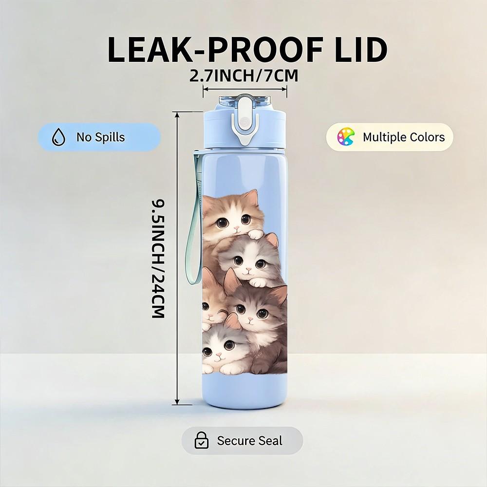1 Stück gestapelte flauschige Katzen Kunst 750ml Farbe Kunststoff Sportwasserflasche Auslaufsicher Klappdeckel mit Strohhalm Geeignet für Sport Büro Zuhause