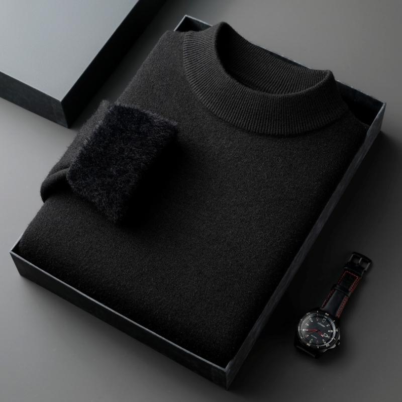 Autumn Winter Warm Mock Collar Sweaters for Men Solid Long-sleeve Fleece Knitted Sweaters Men Casual Thick Pullovers