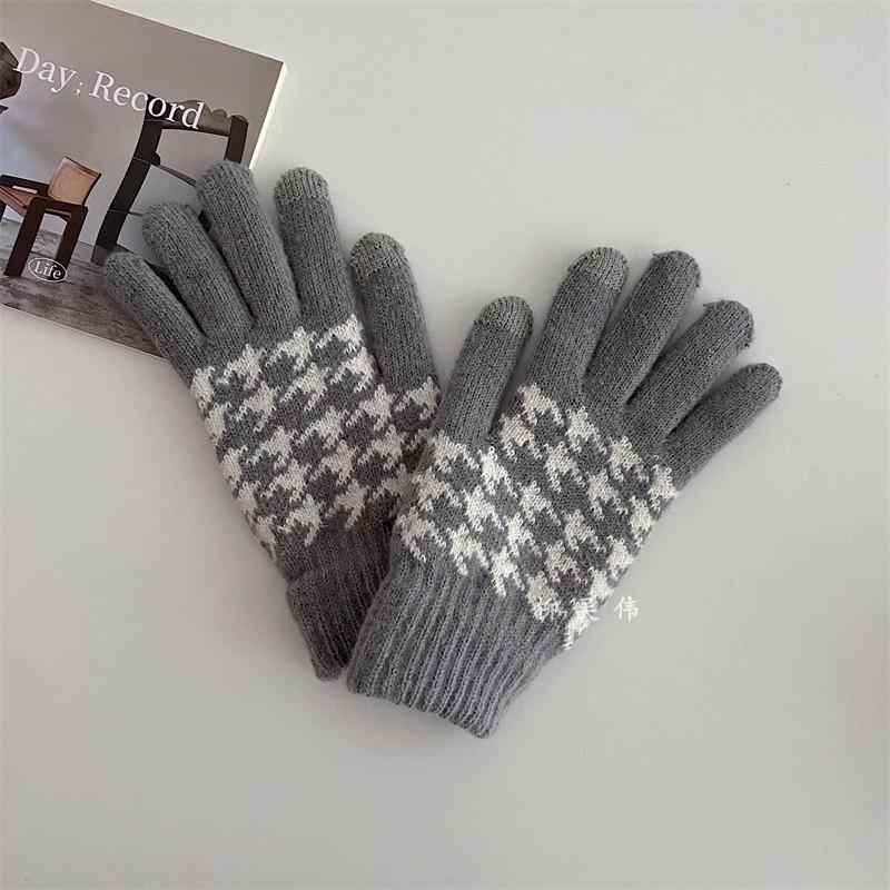 Herbst und Winter Tausend Vogel Gitter Strickhandschuhe für Damen Koreanischer Samt Touchscreen Wärme und Kälteschutz Radfahren Fingerhandschuhe für Herren