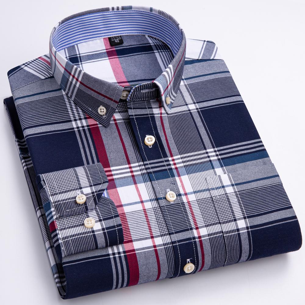 Cămașă Oxford cu carouri pentru bărbați, cu mânecă lungă, 100% bumbac, cu guler cu nasturi și buzunar la piept, croială confortabilă, casual, de primăvară-toamnă, durabilă, rezistentă la șifonare