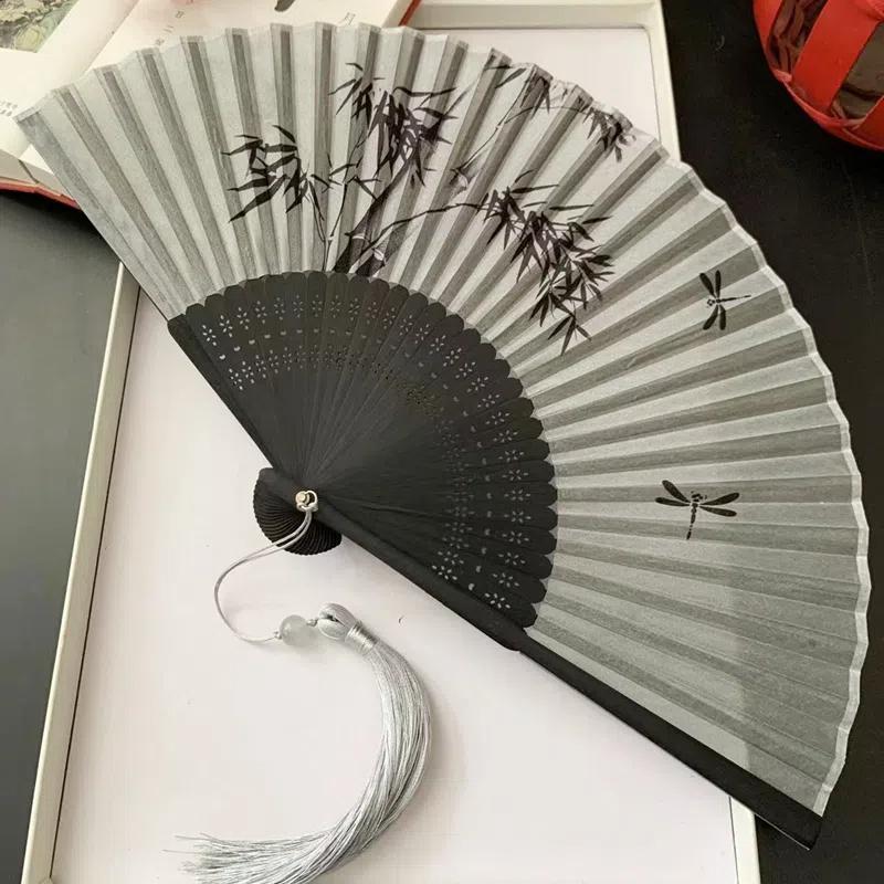 Ancient Chinese Style Small Dance Fan Summer Portable Hanfu Cheongsam Hand Held Fan Green Bamboo Ribs Single-Sided Folding Fan