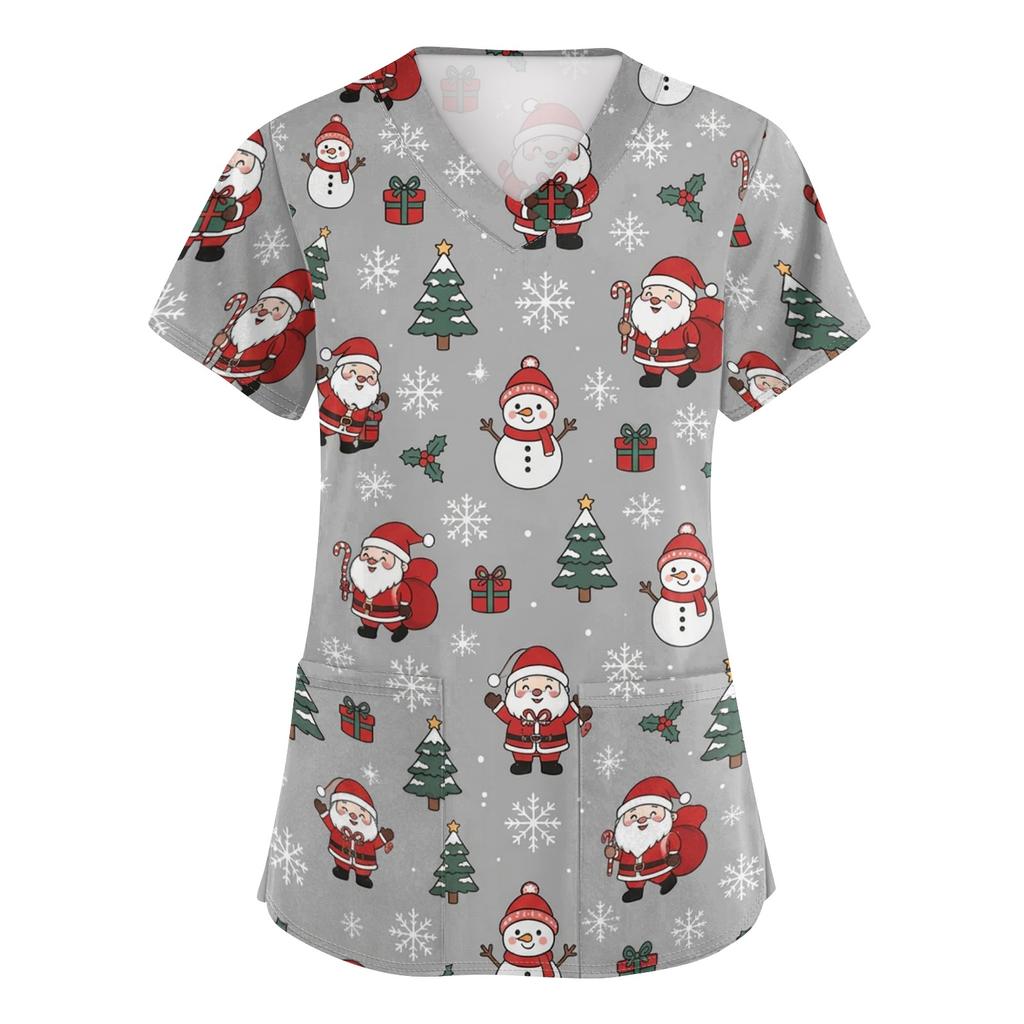 Women's V-Neck Print Scrub Top with Pockets and Side Slits, Short Sleeve Caregiver Uniform Shirt