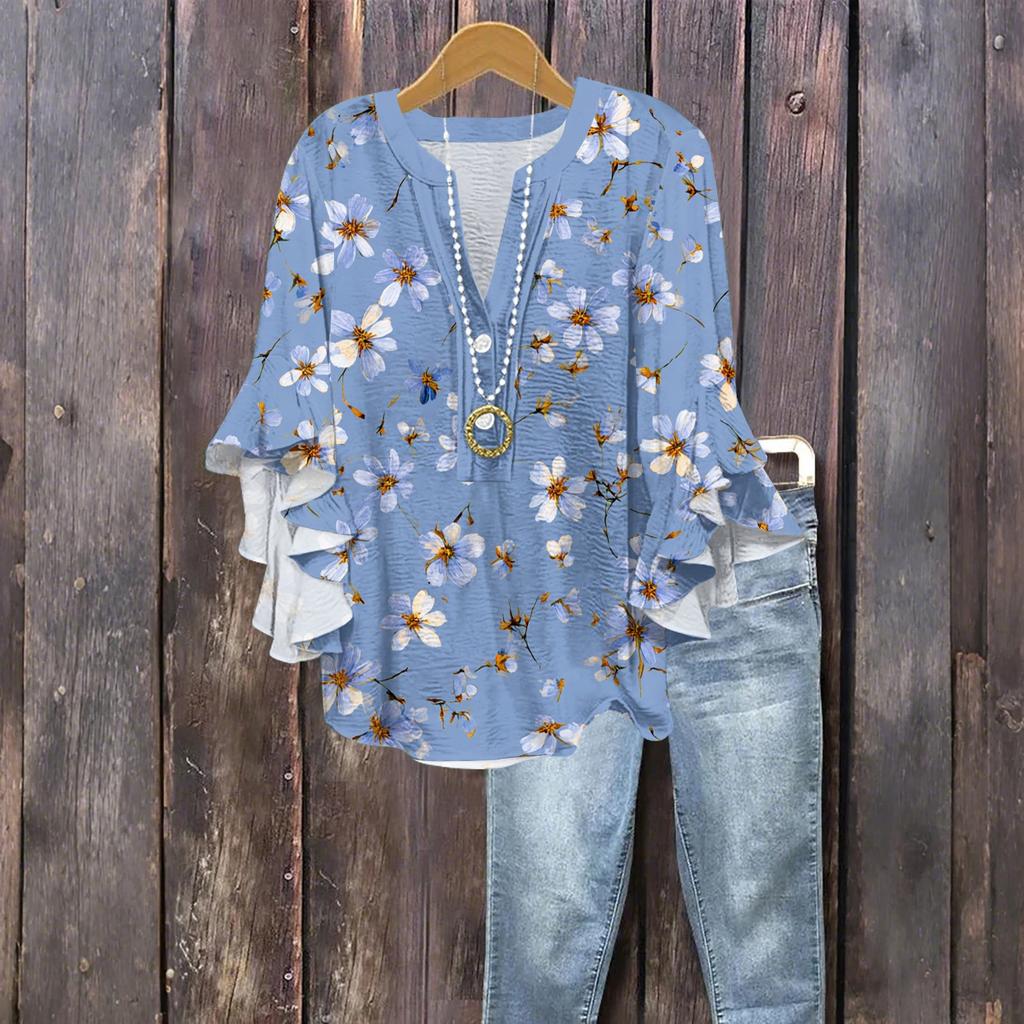 Women's Fashion Button V-Neck Ruffle Seven Sleeve Blouse Floral Printed Top