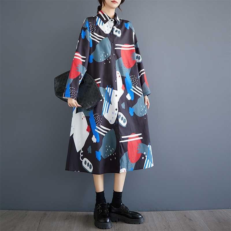 Loose Large Size Oceanic Printed Mid-Length Literary Vintage Dresses
