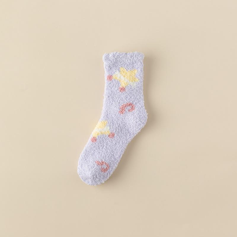 Cute Coral Fleece Socks Female Stars Cartoon Half Fleece Thickened Warm Home Floor Socks Medium Tube Confinement Women'S Socks