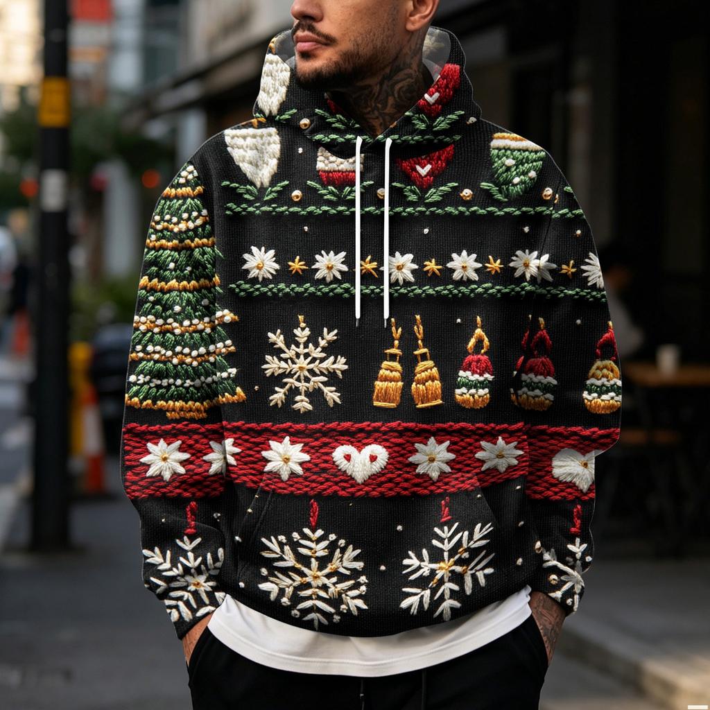 Men's Casual Trendy Christmas Print Loose Fit Pullover Hoodie Long Sleeve with Large Pockets