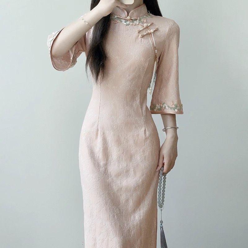 Grünes Elegantes Jacquard Cheongsam Kleid Chinesischer Stil Mädchen Jung Täglich Umgeschlagene Ärmel Modernes Vintage Kleid