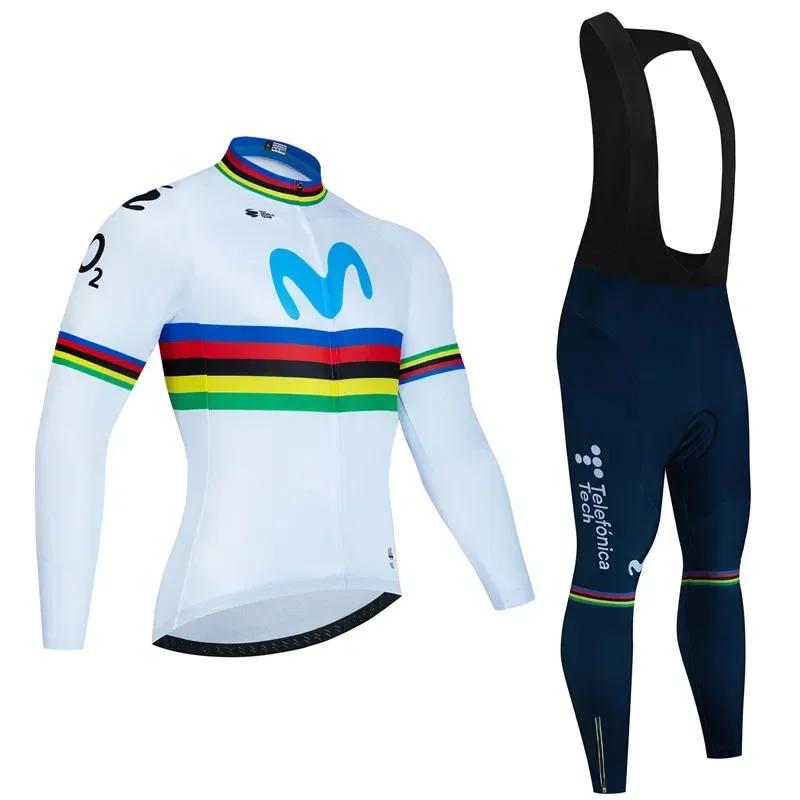 Movistar Herbst Pro Team Radtrikot 19D Trägerhosen-Set MTB Uniform Fahrradbekleidung Schnelltrocknend Fahrradkleidung Herren Langarm Radbekleidung
