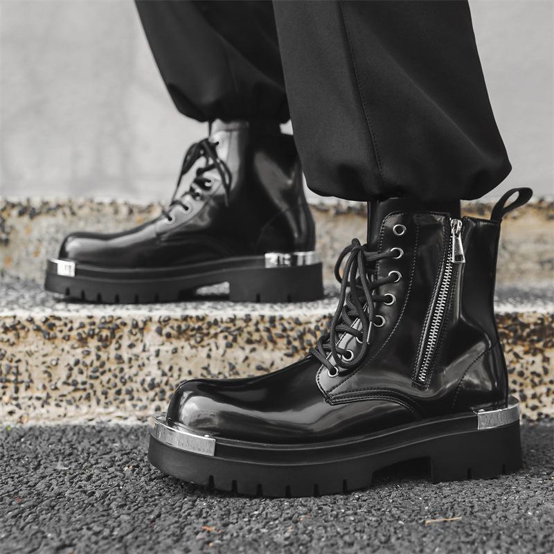Mens Fashion Stage Nightclub Dress High Motorcycle Boots Black Trendy Patent Leather Shoes Cowboy Platform Boot Knight Botas Man
