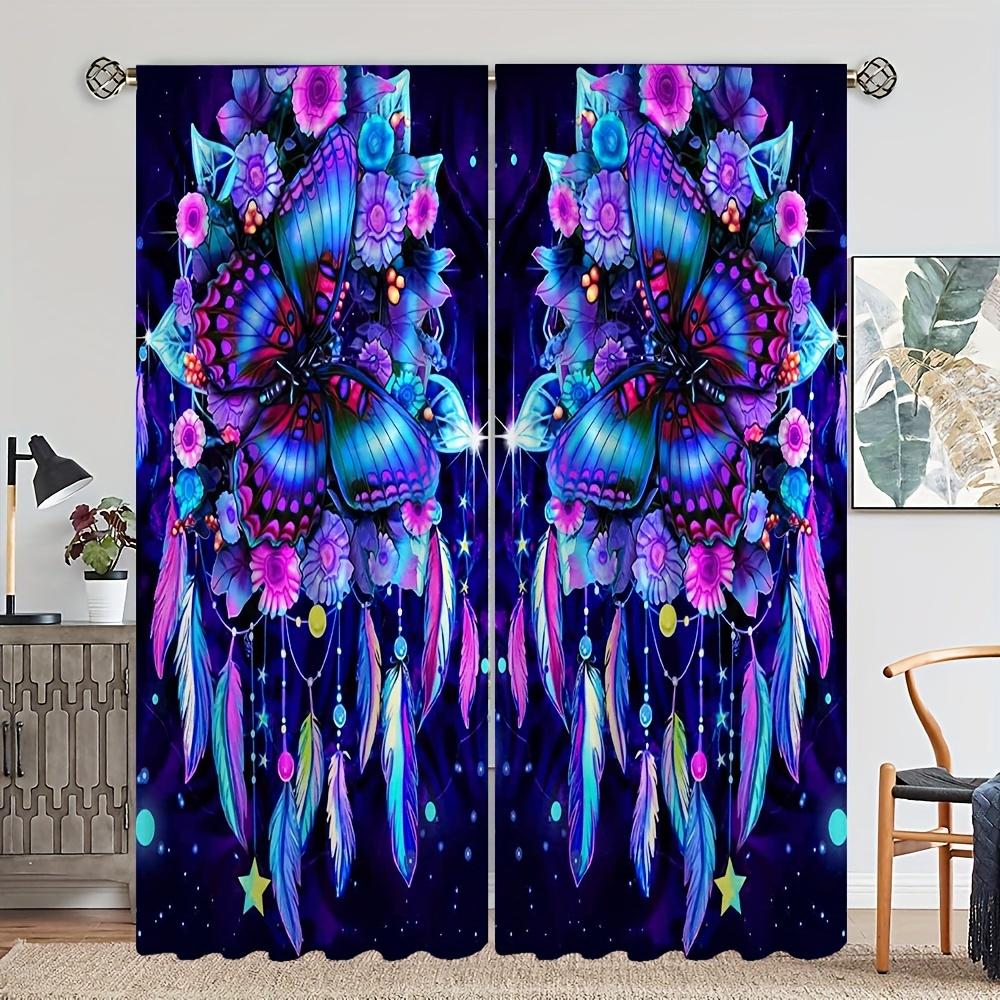 2pcs Five-colored Butterfly Printed Curtains, Study Room Kitchen Living Room Dorm Room Rod Pocket Window Drapes, Bedroom Accesso