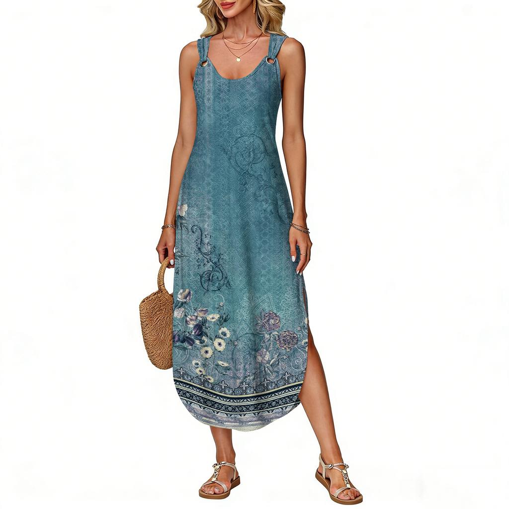 Women's summer long dress, sleeveless with side slits, long retro printed camisole dress