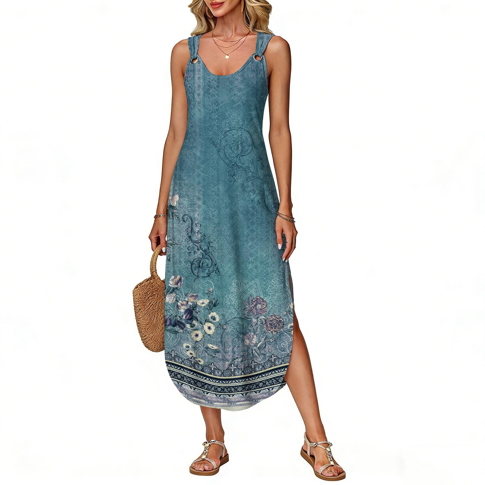 Women s summer long dress, sleeveless with side slits, long retro printed camisole dress XL небесно-голубой
