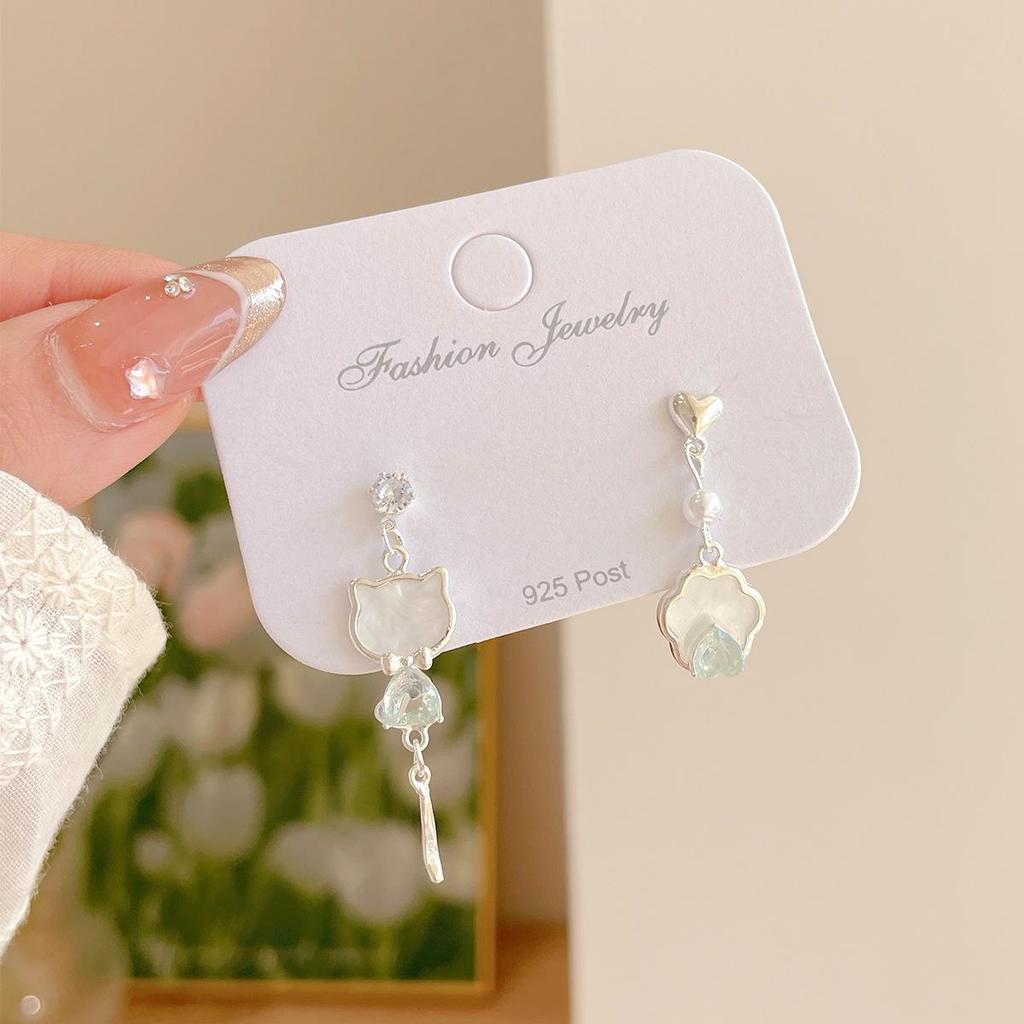 Exquisite Zircon Tassel Cat Earrings for Women - Silver Needle Geometric Cute Niche Style