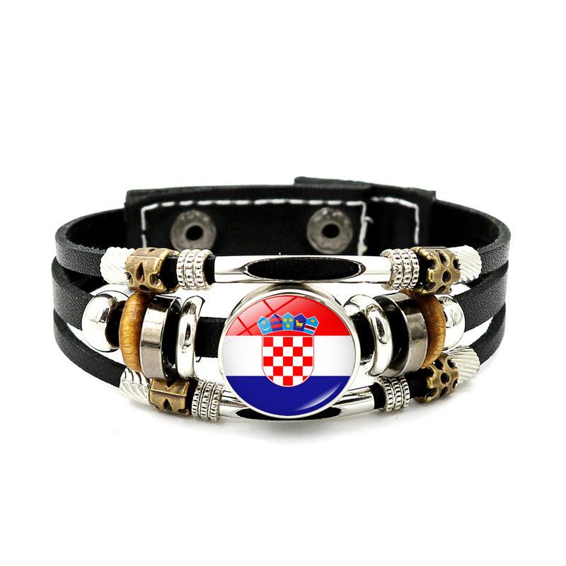 Factory National Country Flag Design Bracelet Crystal Bead Snap Button Sports National Team Jewelry Gift Leather Wrap Bracelet