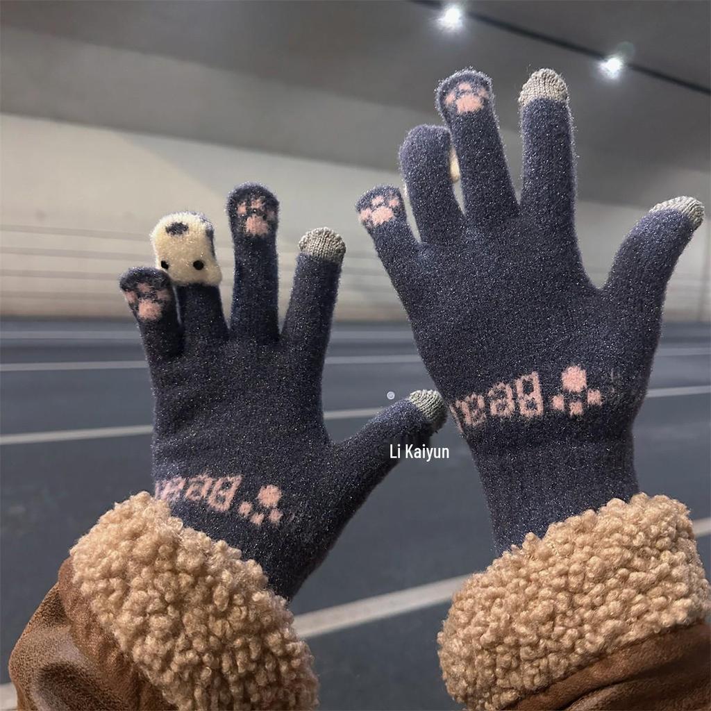 Women's Cute Winter Touchscreen Wool Knit Gloves - Velvet Lined, Cold-Proof for Cycling and Daily Wear