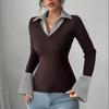Women's Fashion Long Sleeve Casual Pullover Shirt Two Piece Look V Neck Layered Collar Top Slim Fit Lightweight