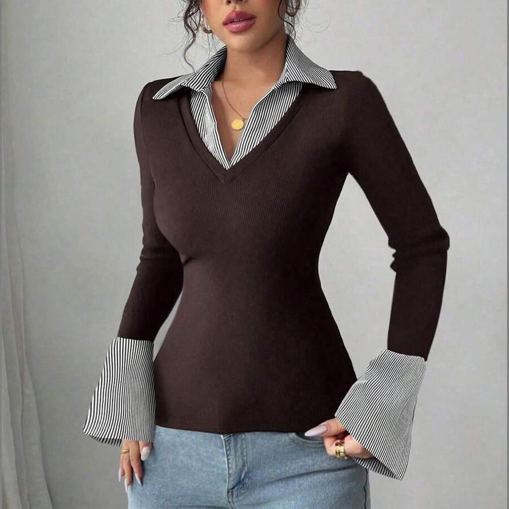 Women's Fashion Long Sleeve Casual Pullover Shirt Two Piece Look V Neck Layered Collar Top Slim Fit Lightweight