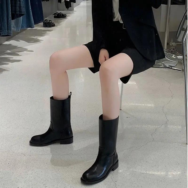 Fashion Black Western Punk Mid Calf Shoes For Woman Women's Boots Half High Round Toe Quality On Offer Comfortable Goth Footwear