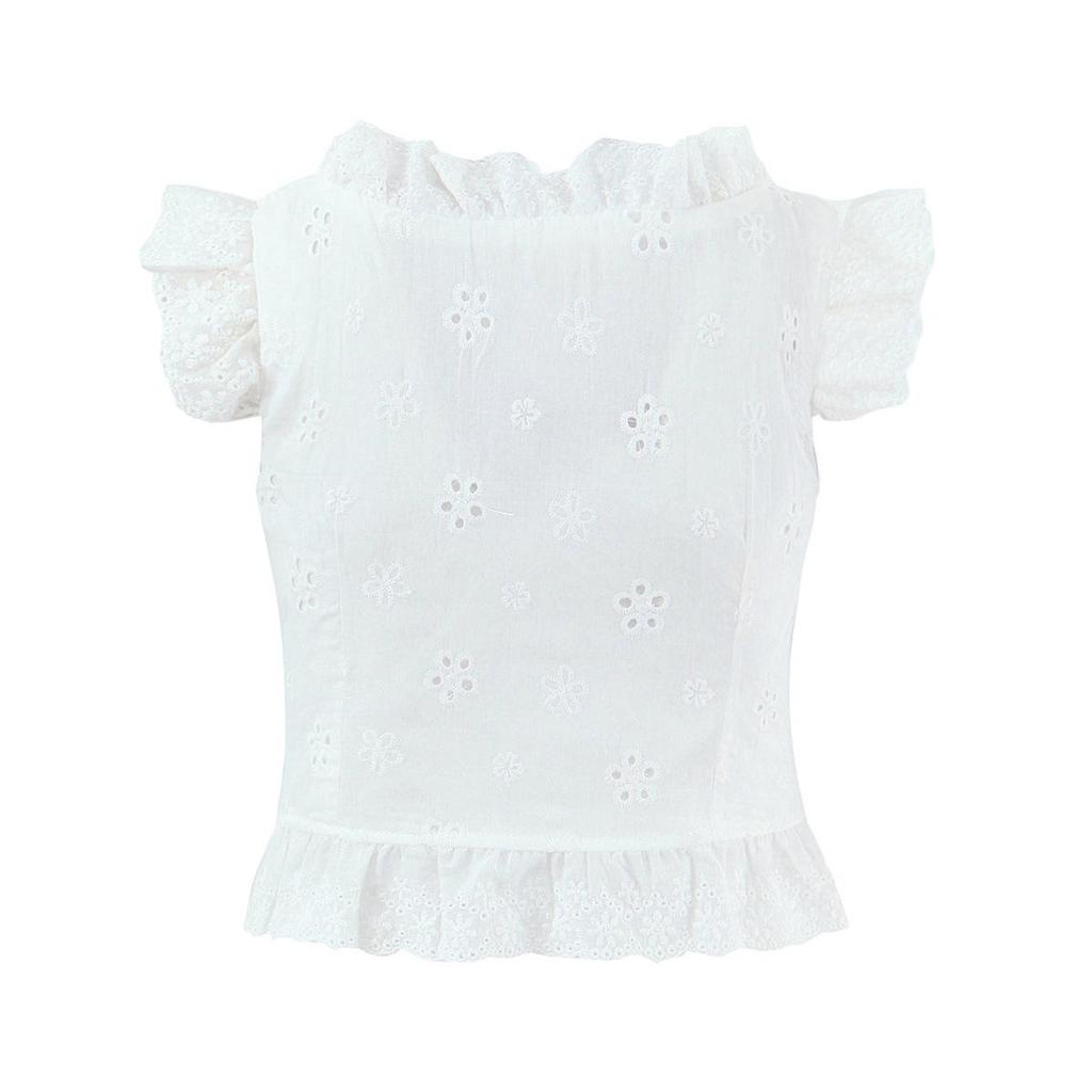 7704 - Women's French Retro Square Neck Ruffle Top & Lace-up Embroidered Skirt Set