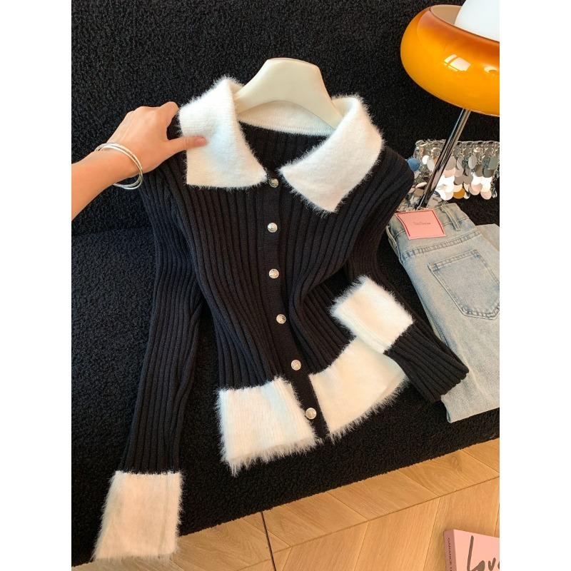 

Autumn and winter new temperament lapel long-sleeved knitted sweater women s single-breasted short cardigan top One Size чорний