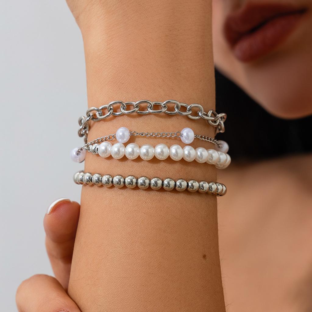 ins style multi-layer chain bracelet hand jewelry, imitation pearl beaded stacked bracelet set women