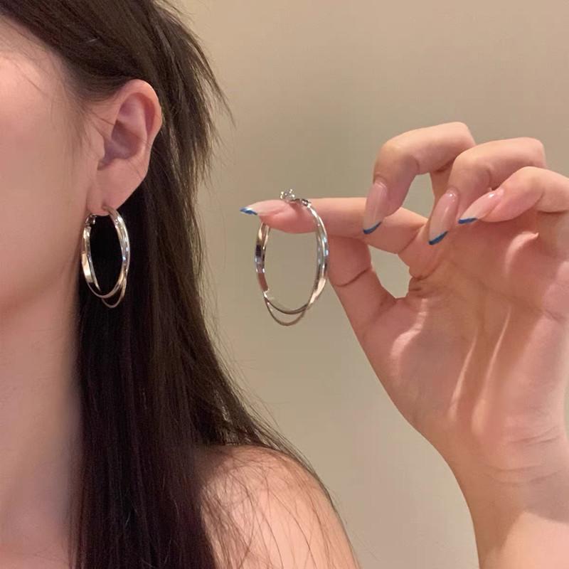 Minimalist Silver Double Layer Large Earrings Women's Summer Versatile Square and Round Face Plain Hoop Earrings