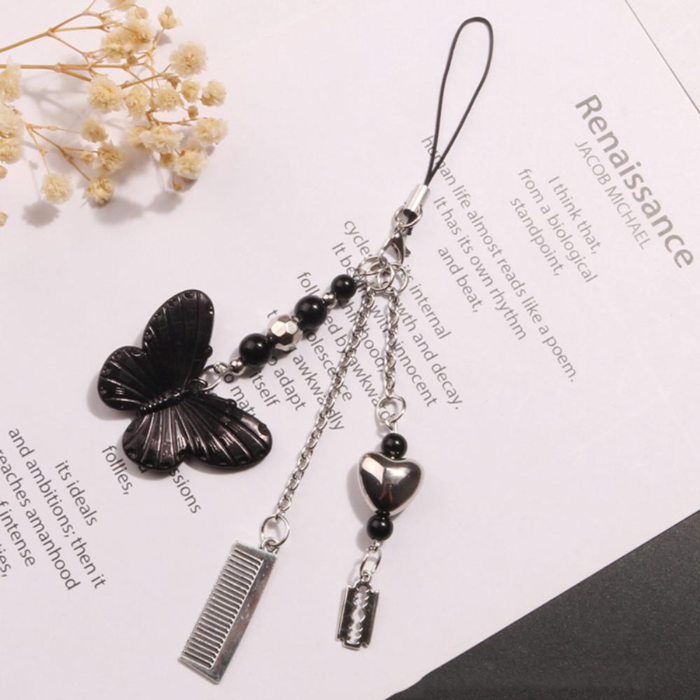 Gothic Style Mobile Phone Chain Black Butterfly Mobile Keychain Lanyard  Women Girls