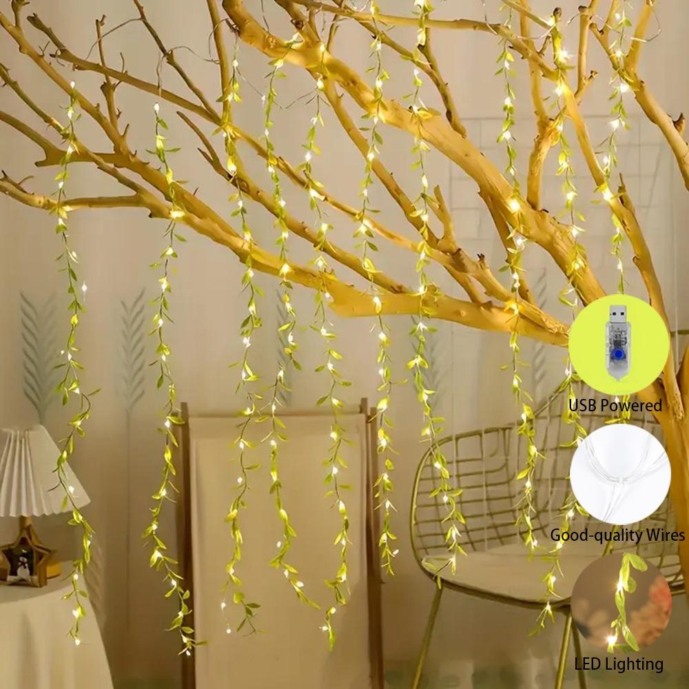 3m 100LED Willow Leaf Vine Curtain Lamp USB-Powered with 8 Modes for Room,Bedroom,Holiday,Festive Decor indoor Decoration Lights