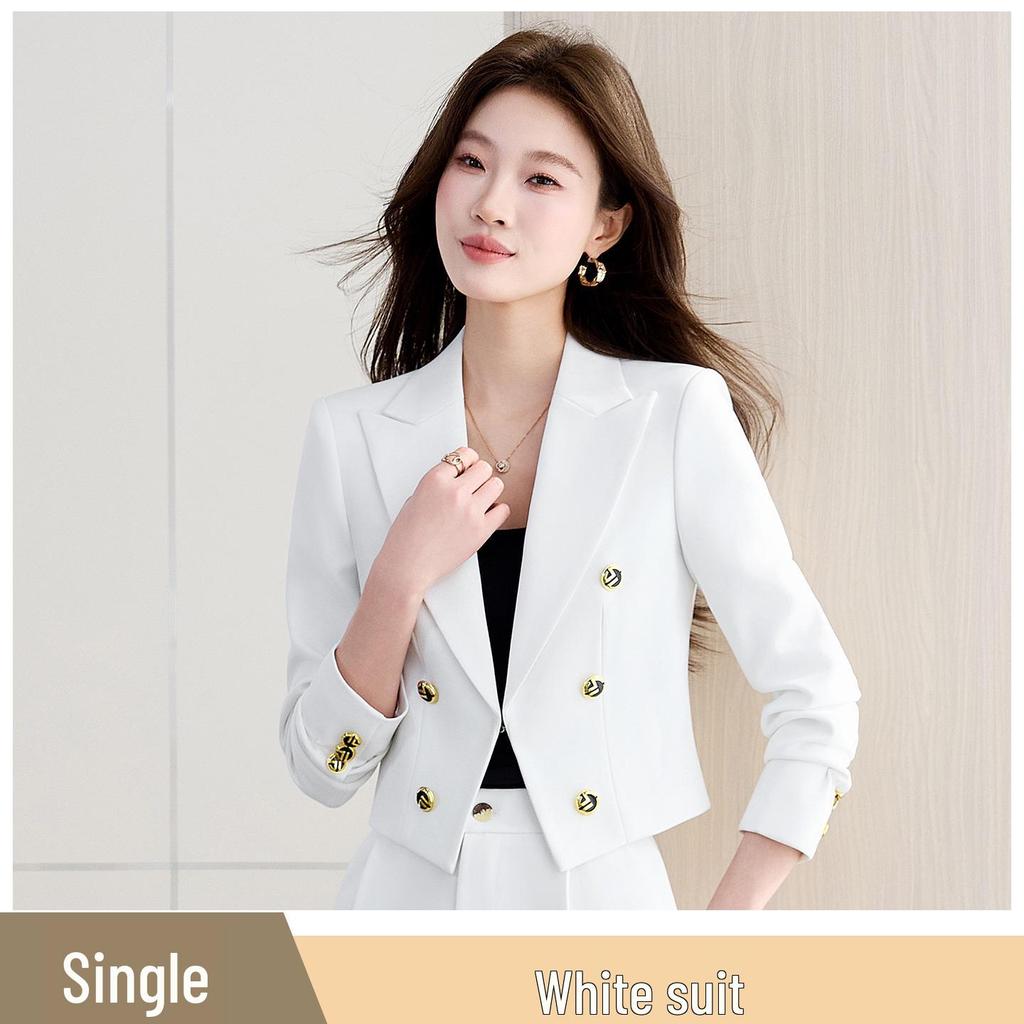 Women's Petite Slim Fit Color Block Suit Set - Light Luxury Style, Flattering Double-Breasted Short Blazer, Professional Wear.