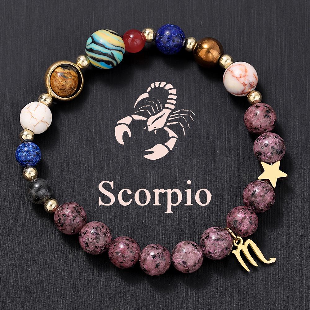 European American Zodiac Basalt Beaded Bracelet with Eight Planets