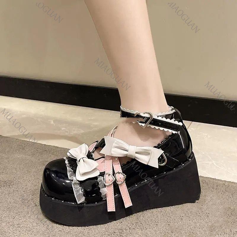 Fashion Spring and Summer New Lolita Shoes Sweet Women Japanese Style Bow Lace Kawaii Mary Janes Round Toe Buckle Casual Platform Pumps