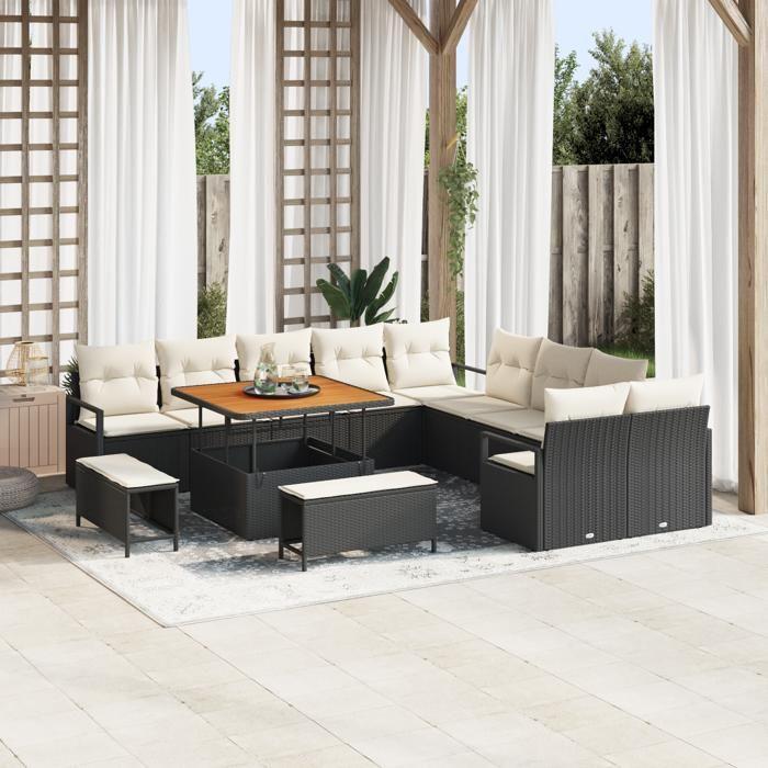 13-piece Garden Sofa Set with Black Poly Rattan and Acacia Cushions, 2-seater Garden Sofa with Cushions 3362575