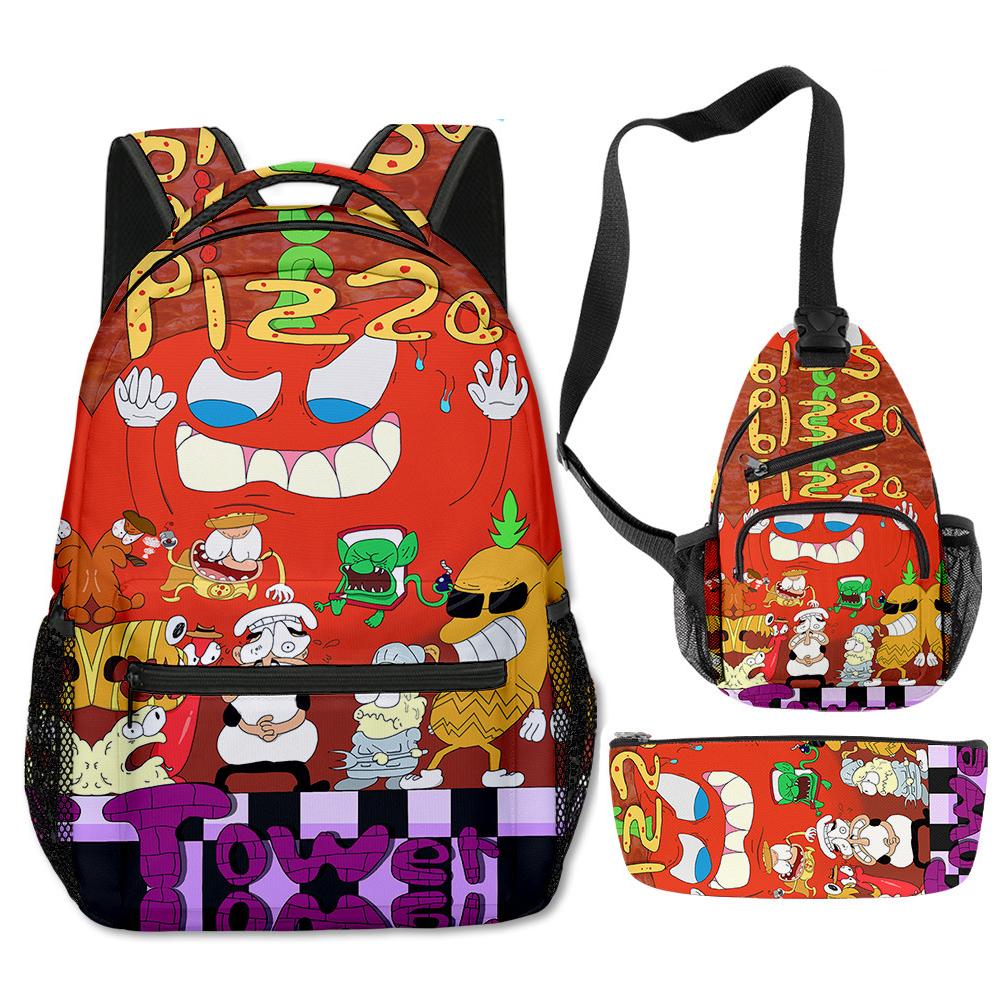 Klassisch Neuheit Eigenartig Cool Pizza Turm 3D Druck 3er Set Schultaschen Multifunktionale Reise Rucksack Brusttasche Federmäppchen