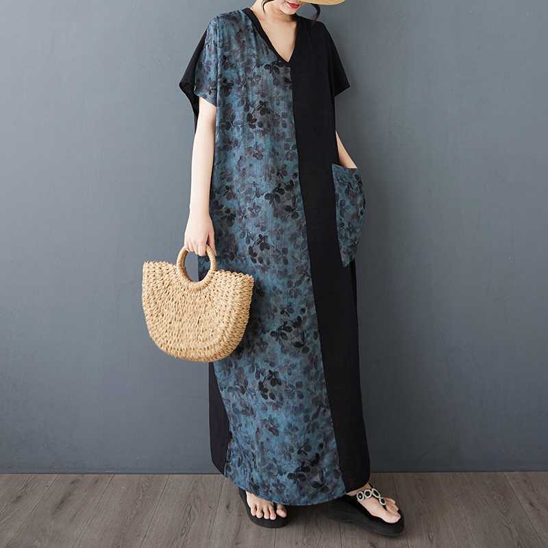 Women's Cotton and Linen Retro Short Sleeved Color Blocked Dress