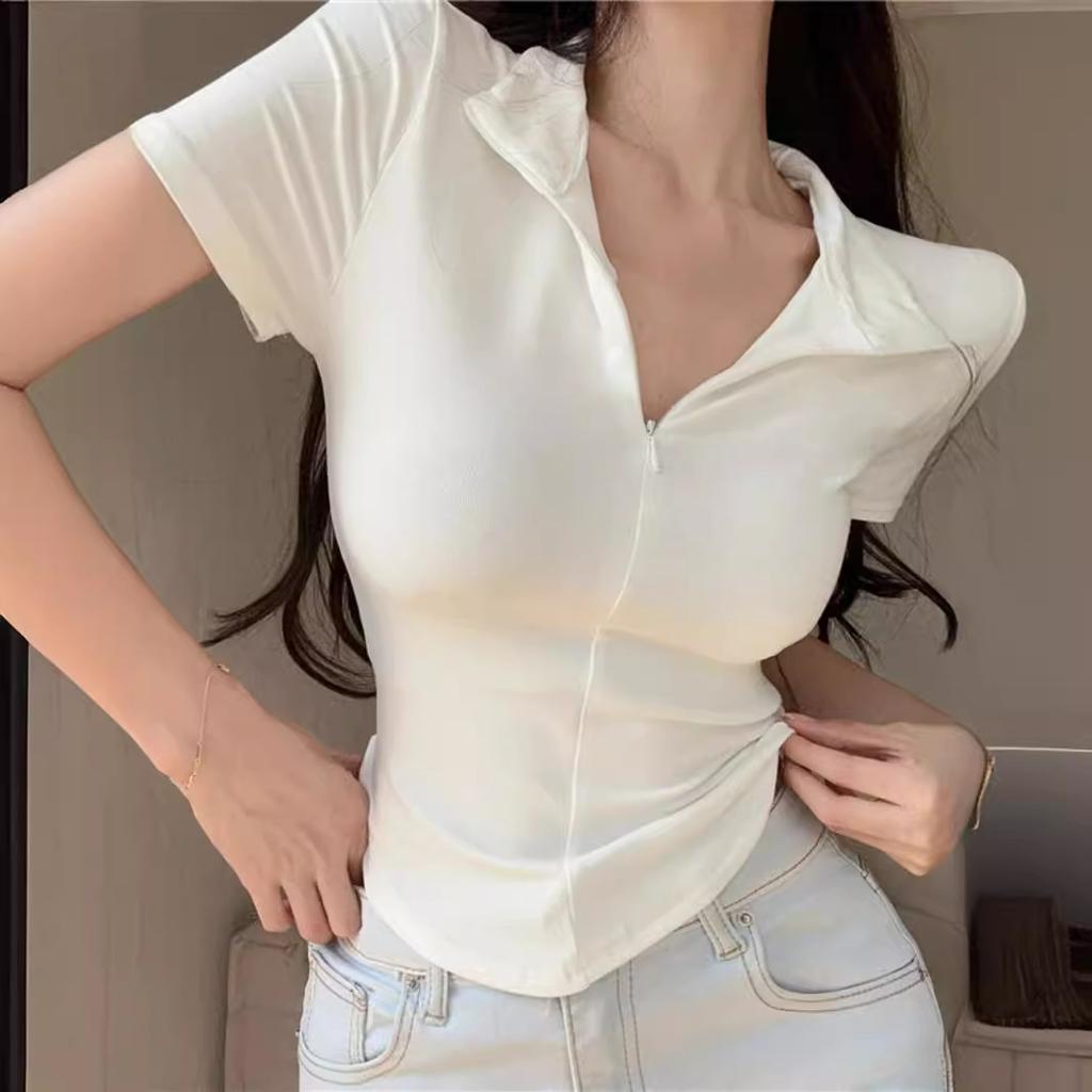 Zipper Lapel Slim and Thin Waist T-shirt Summer Fashion Versatile Chic Niche Ins Pure Desire Top Women