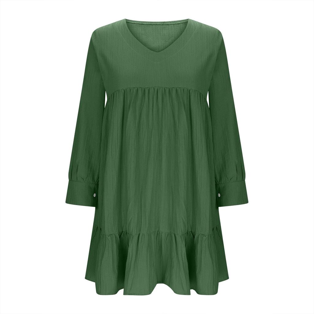 Women Casual V Neck Pleated High Waist Ruffle Trim Long Sleeve Loose Fit Dress Suitable for Everyday Wear and Various Occasions