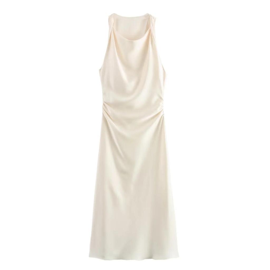 European and American Women's Satin Mid-length Dress with Ruched Waist and Cowl Neck.