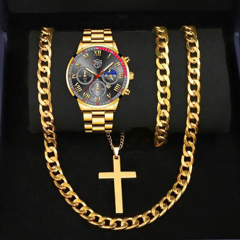Watch Gold Four-Piece Men S Accessories Watch Necklace Bracelet Cross Necklace