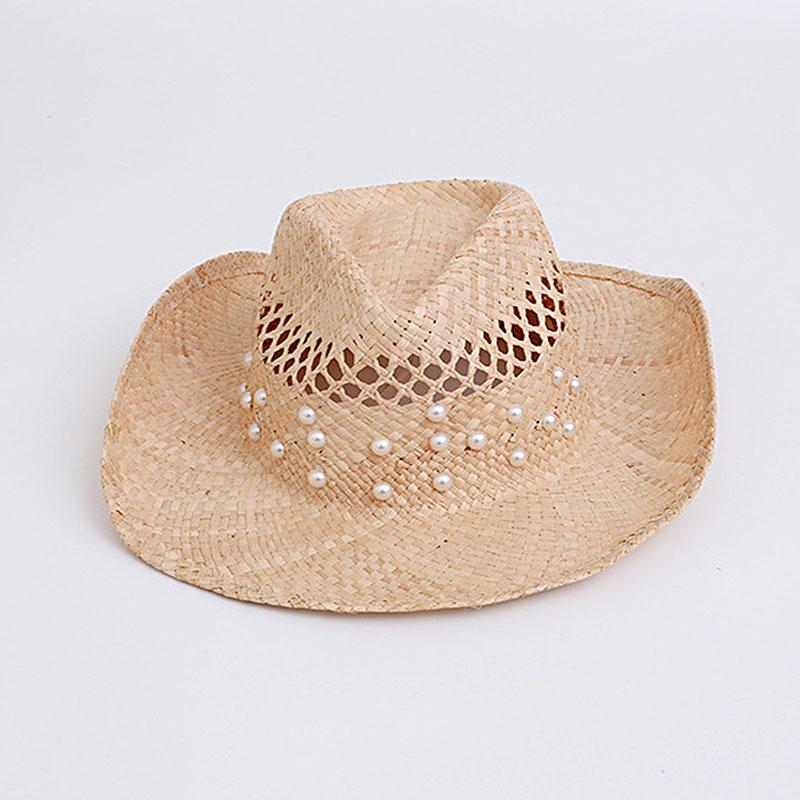 Raffia woven hollow Pearls straw hat beaded edge Panama sun hat western cowboy beach hat for women бежевый