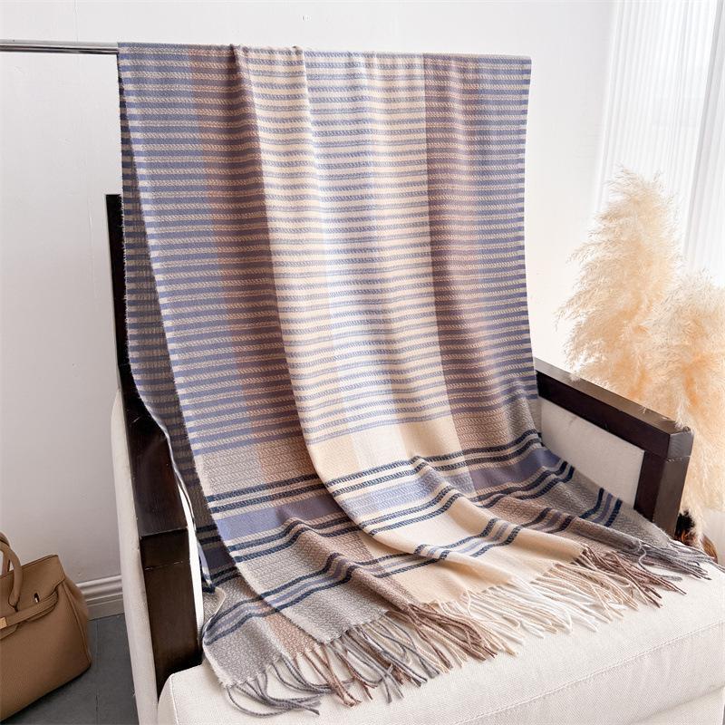 

High-End Color Matching Striped Long Autumn And Winter Warm Scarf Women S Shawl Versatile Commuter Fringed Imitation Cashmere Scarf 206cmX68cm (with tassel)