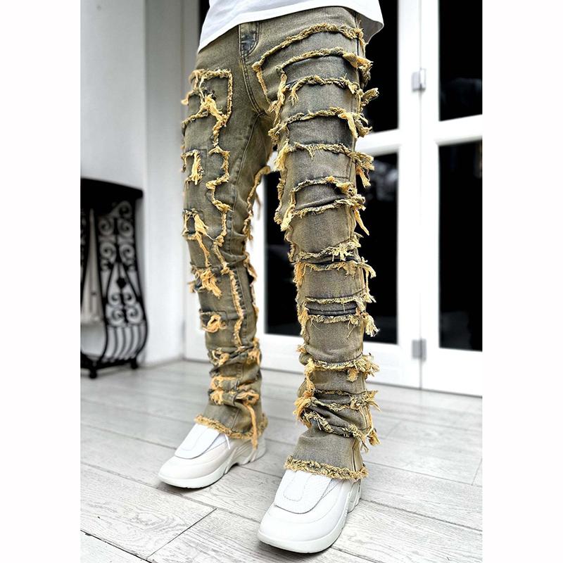 Men's Fashion Patch Jeans Slim Stretch Micro Lapped Straight Trousers